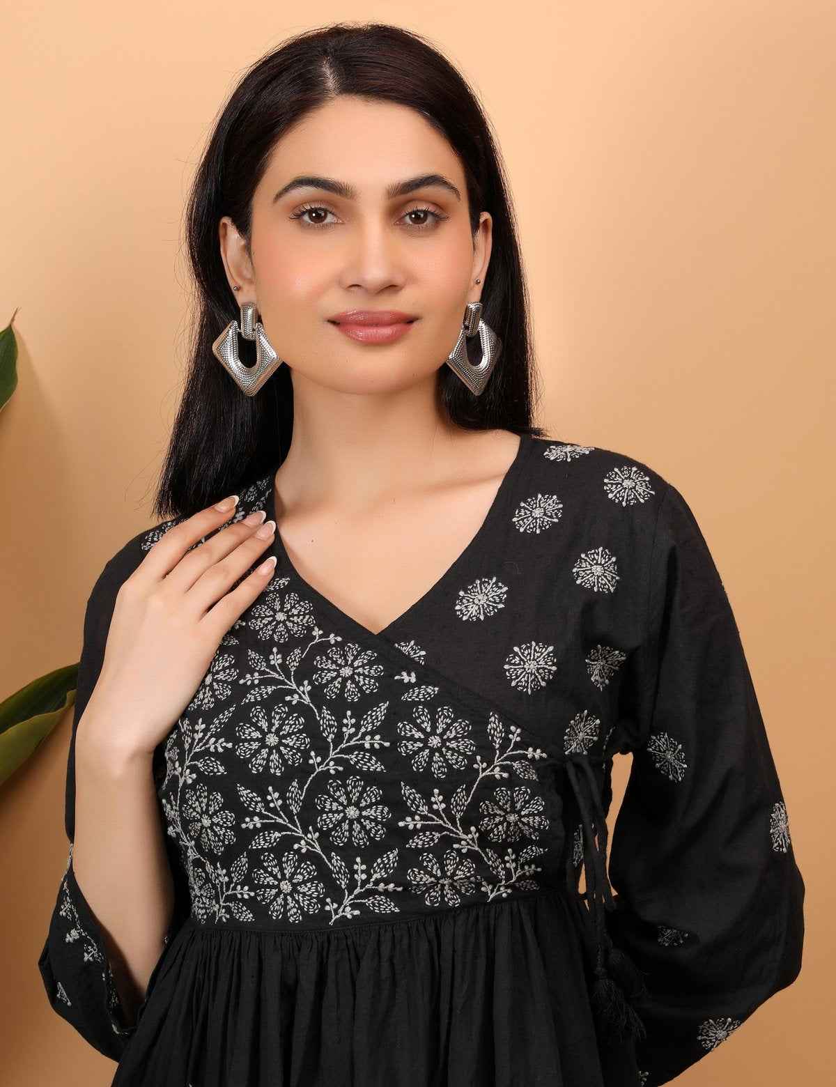 Shwet Women Black Chikankari Angarkha Top
