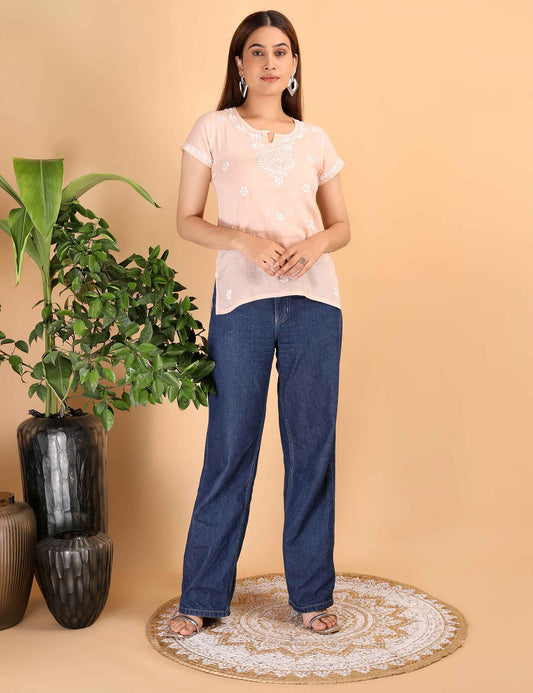 Shwet Women Peach Chikankari Cotton Short Top
