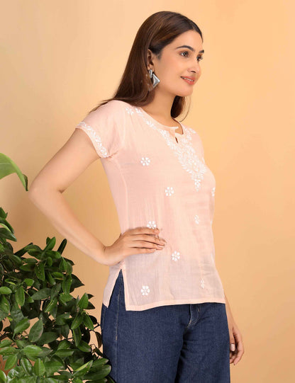 Shwet Women Peach Chikankari Cotton Short Top