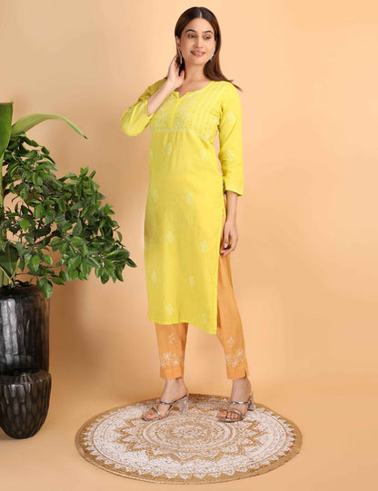 Shwet Women Parrot Green Chikankari Kurta pants