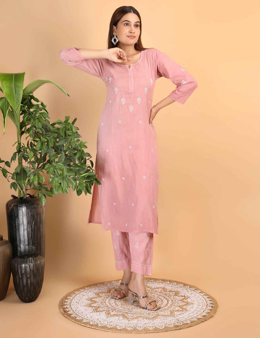 Shwet Women Peach Chikankari Kurta Pants