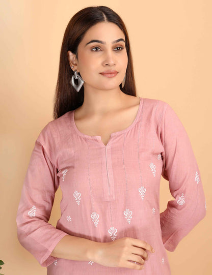 Shwet Women Peach Chikankari Kurta Pants