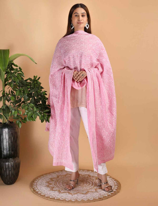 Shwet "pestal Hues"Pink Chikankari Cotton Dupatta