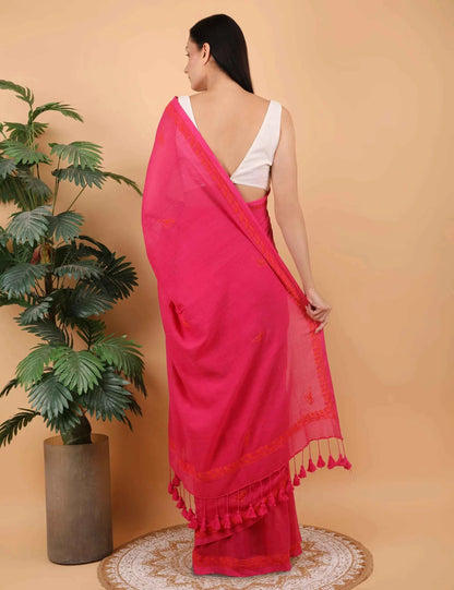 Shwet Women Magenta pink Hand Embroidered Chikankari  Mulmul Saree