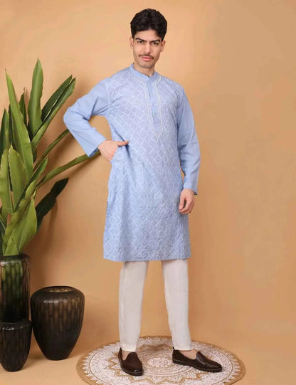 shwet men cotton Lavender chikankari kurta