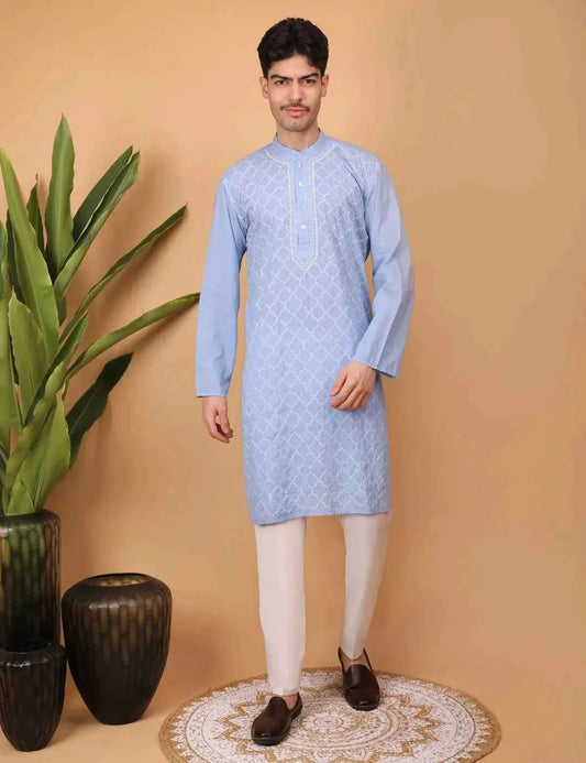 shwet men cotton Lavender chikankari kurta