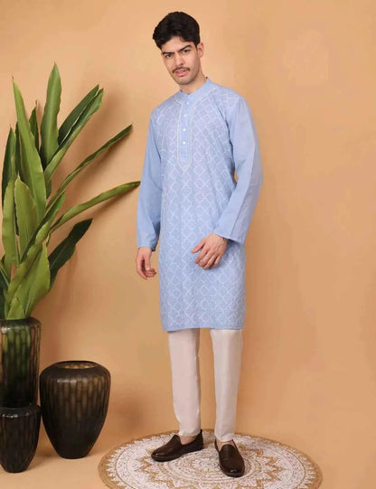 shwet men cotton Lavender chikankari kurta