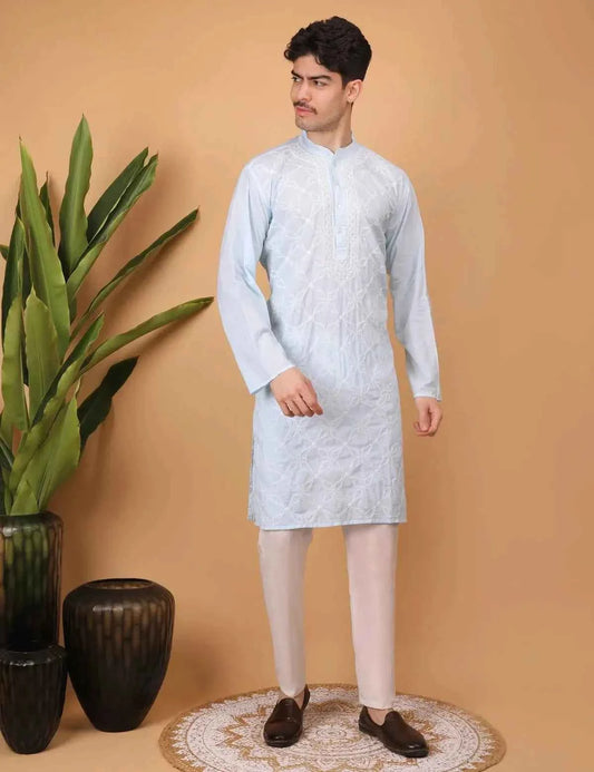 Shwet men cotton blue chikankari kurta