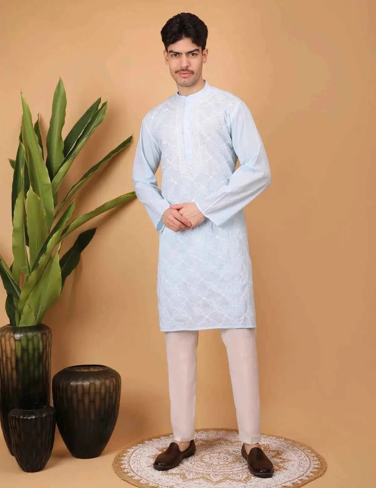 shwet men cotton blue chikankari kurta