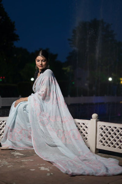 shwet grey pink kota cotton chikankari saree - Handcrafted Chikankari embroidery, front view. Premium quality fabric.