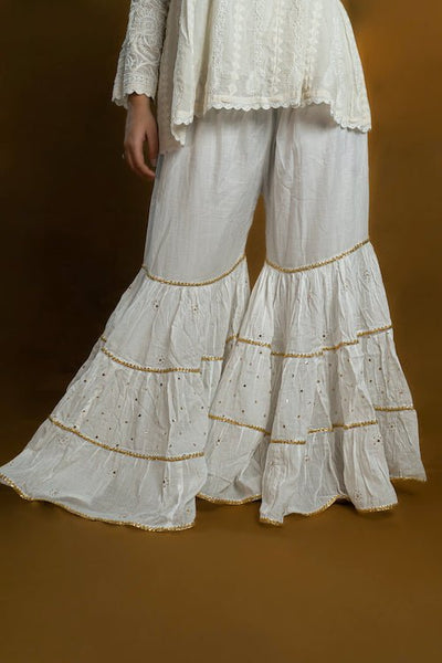 shwet pestal hues white chikankari cotton Garara - Handcrafted Chikankari embroidery, front view. Premium quality fabric.