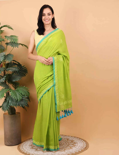 Women Parrot Green  Hand Embroidered Chikankari  Mulmul Saree