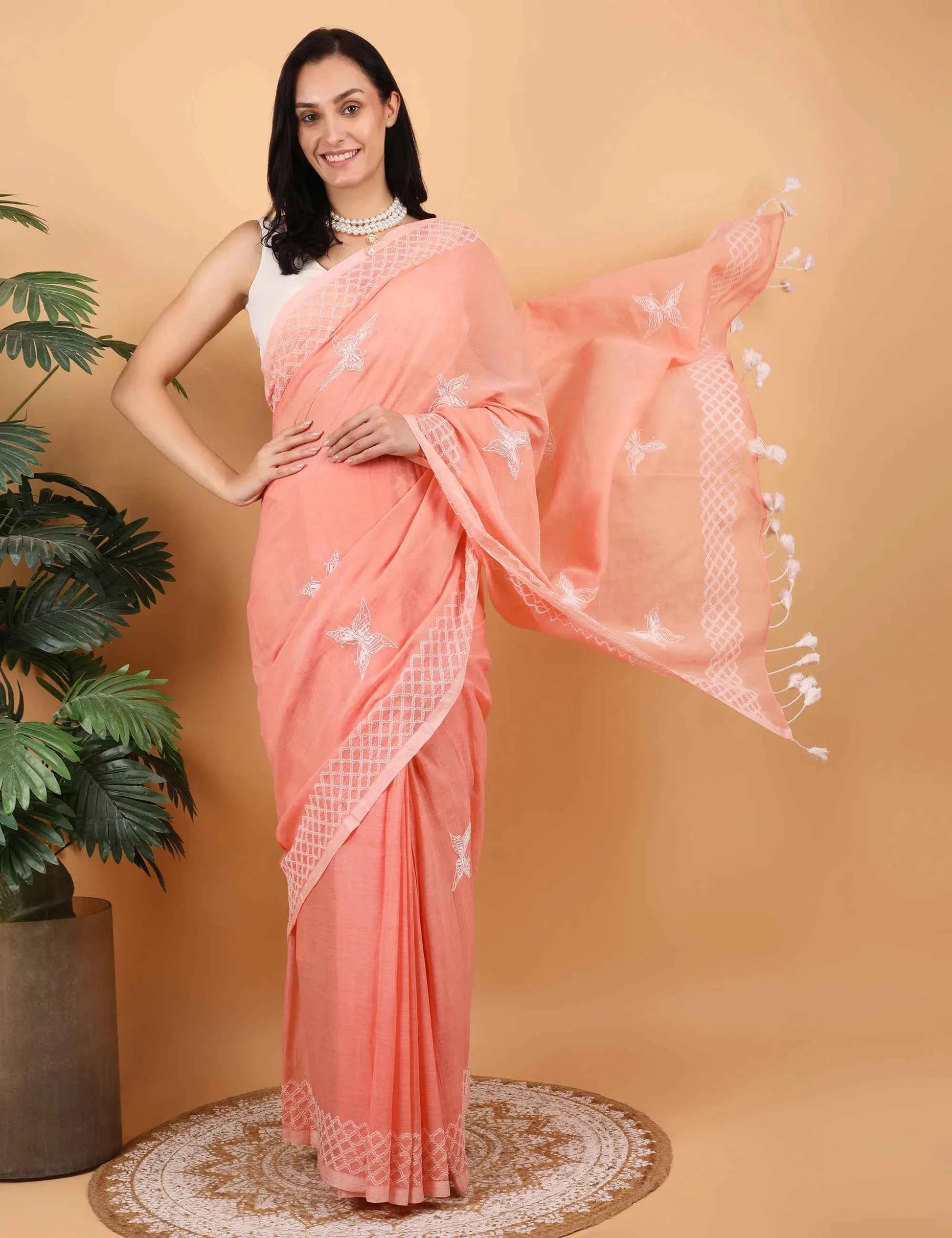 Shwet Women Peach  Hand Embroidered Chikankari  Mulmul Saree