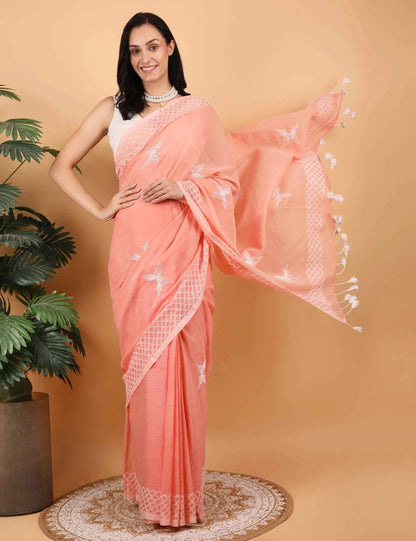 Shwet Women Peach  Hand Embroidered Chikankari  Mulmul Saree