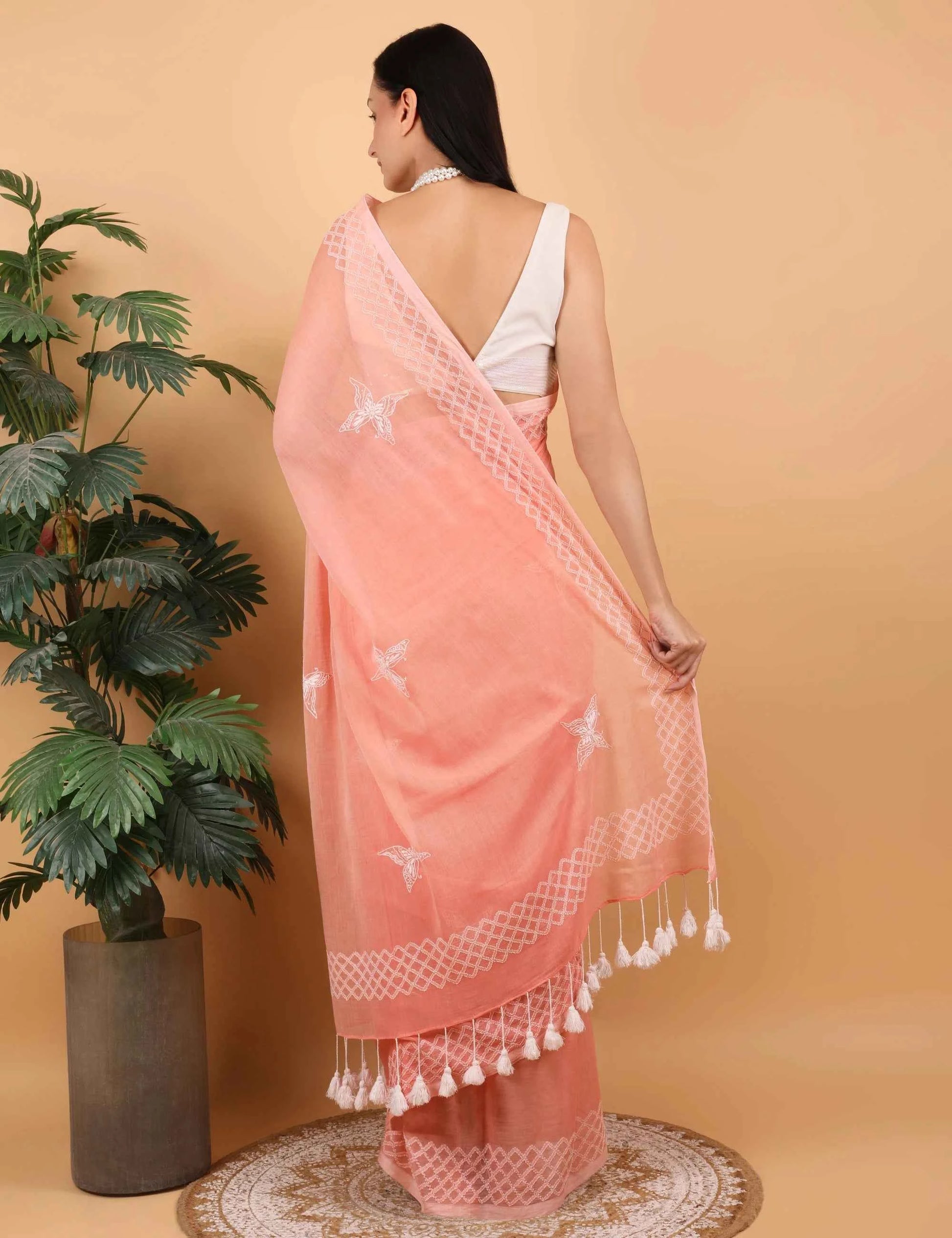 Shwet Women Peach  Hand Embroidered Chikankari  Mulmul Saree