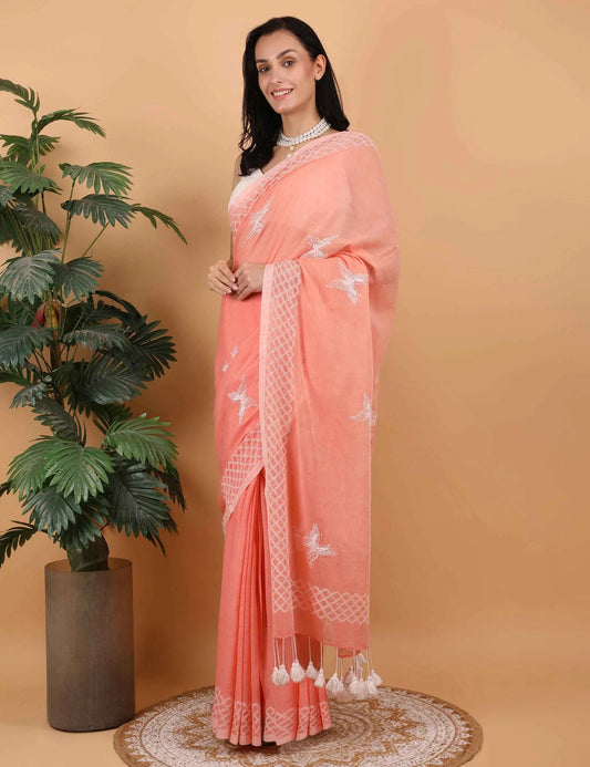 Shwet Women Peach  Hand Embroidered Chikankari  Mulmul Saree