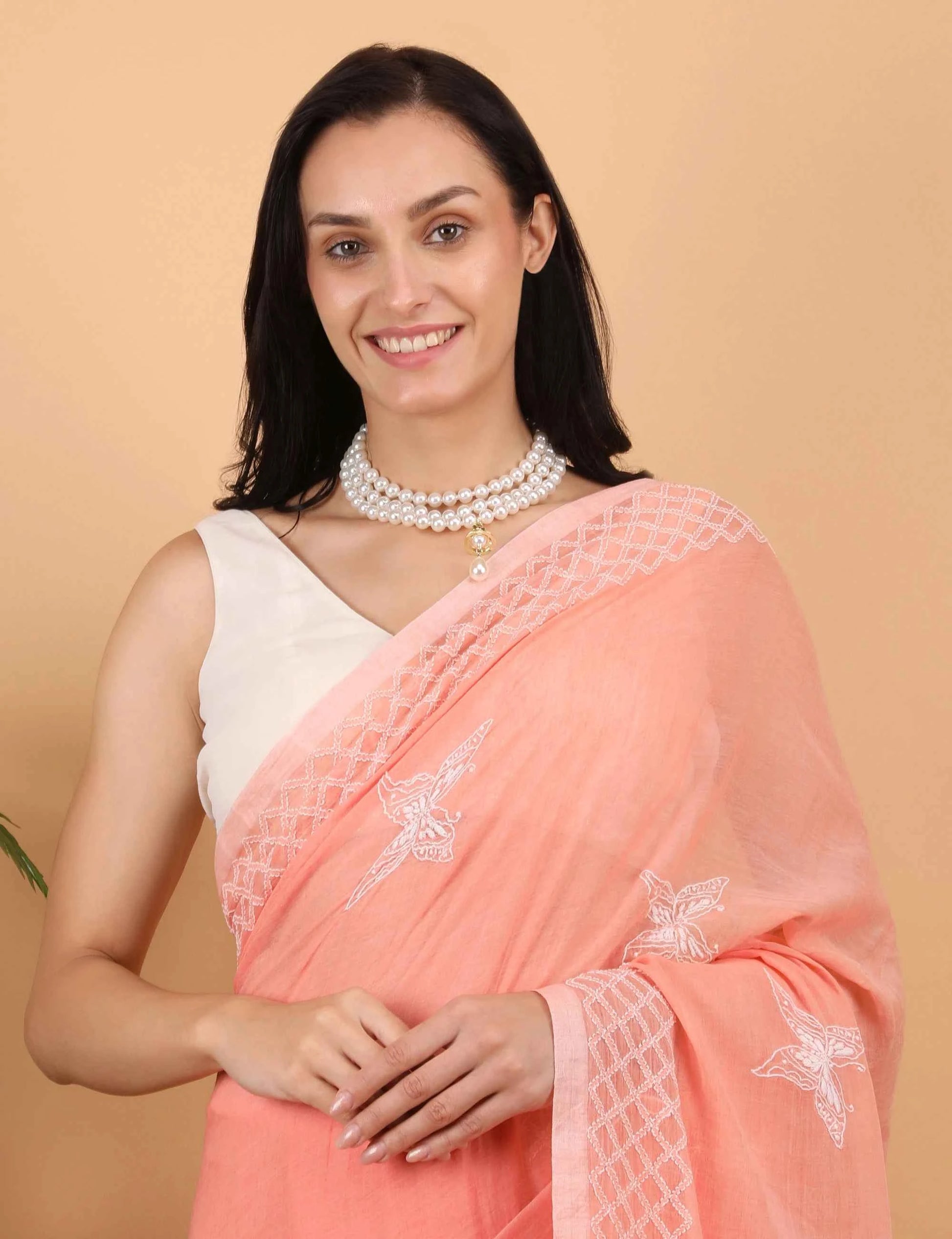 Shwet Women Peach  Hand Embroidered Chikankari  Mulmul Saree