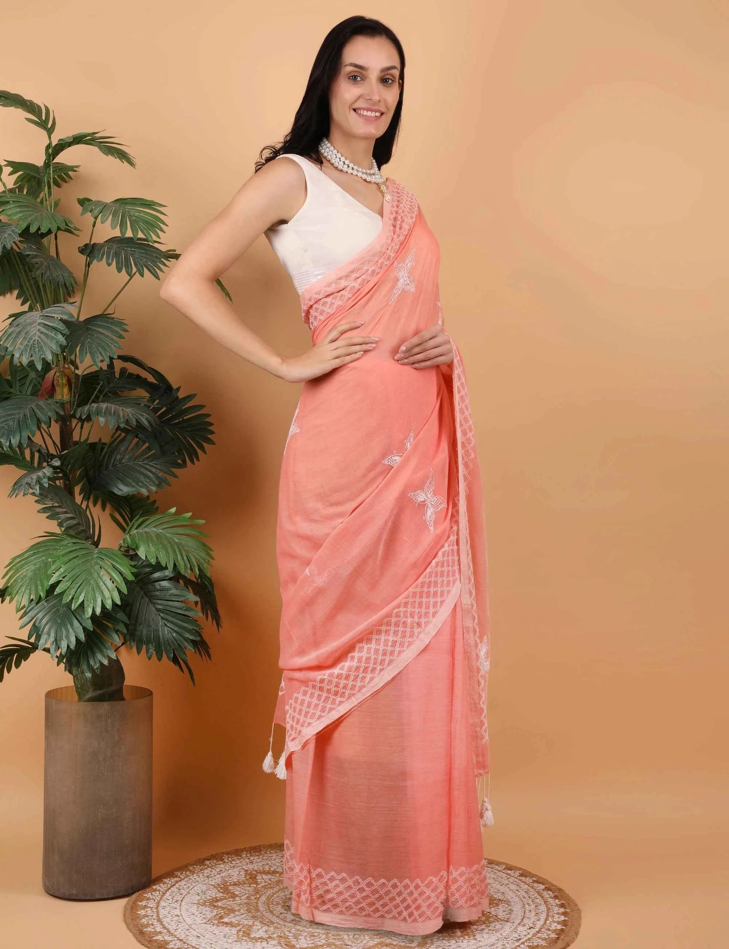 Shwet Women Peach  Hand Embroidered Chikankari  Mulmul Saree