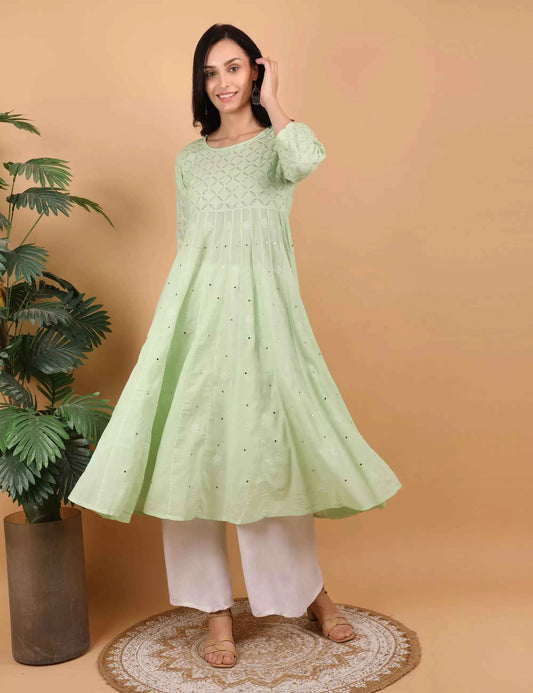 Shwet Women Pista Green Hand Embroidered Chikankari Kali Dress