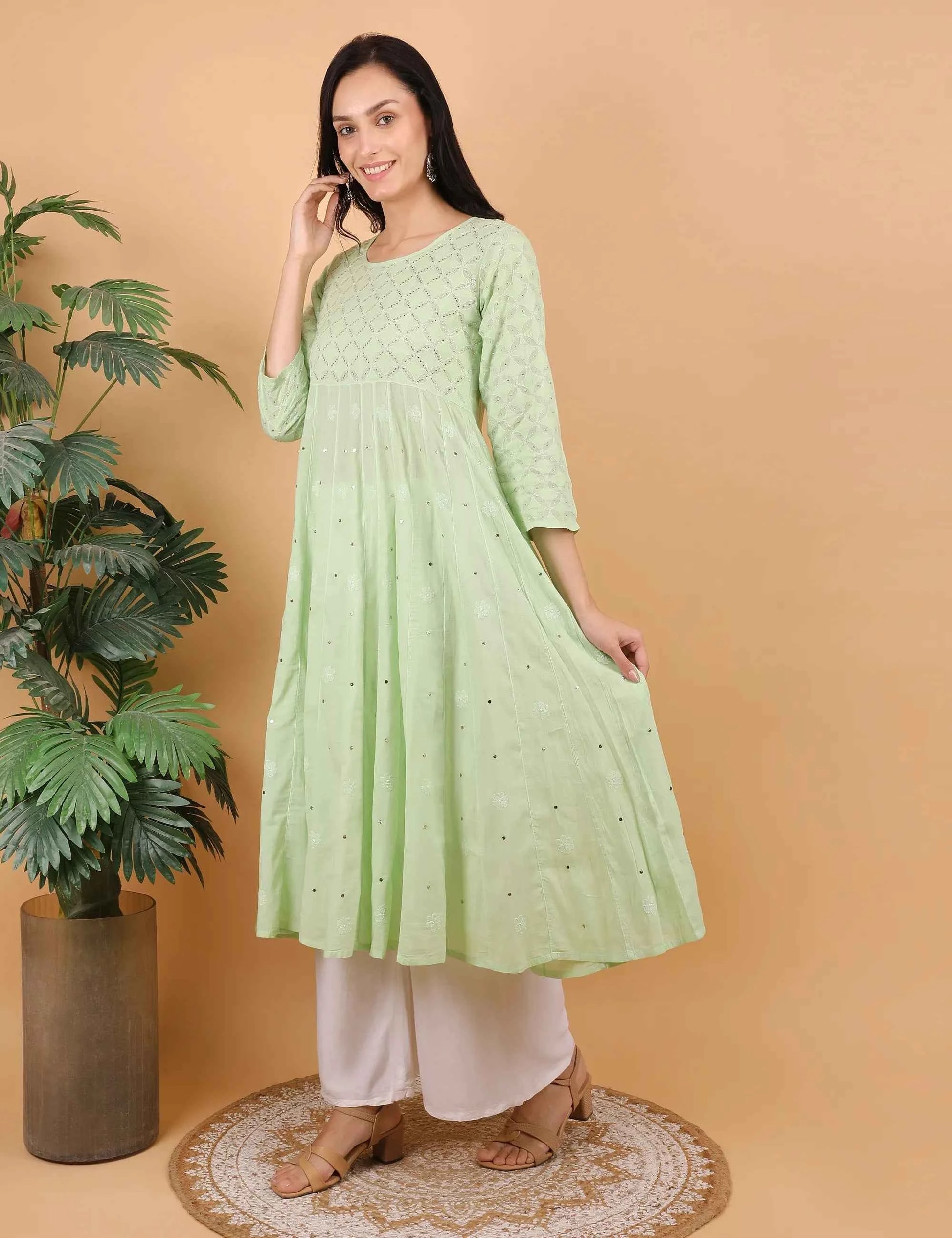 Shwet Women Pista Green Hand Embroidered Chikankari Kali Dress