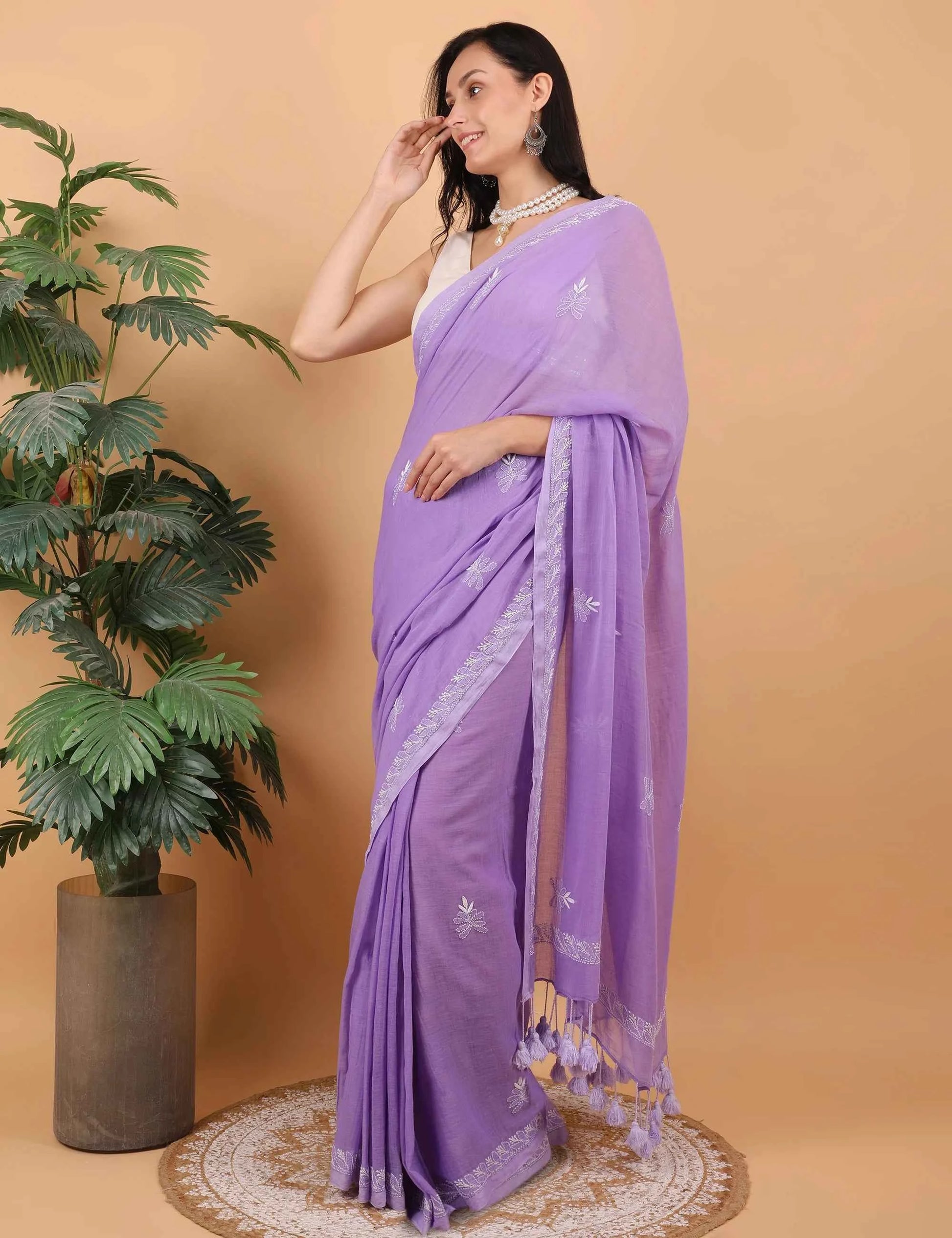 Shwet Women  Purple Hand Embroidered Chikankari  Mulmul Saree