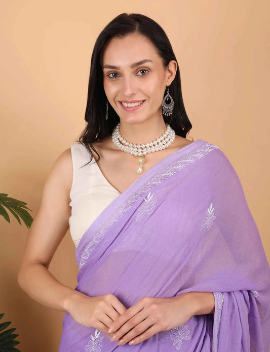 Shwet Women  Purple Hand Embroidered Chikankari  Mulmul Saree