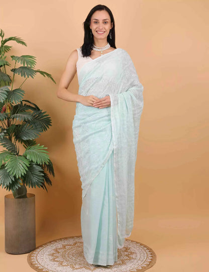Women Hand Embroidered Sea Blue Kota Cotton Chikankari Saree