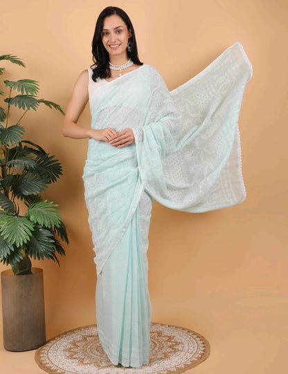 Women Hand Embroidered Sea Blue Kota Cotton Chikankari Saree