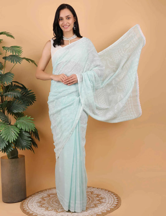 Women Hand Embroidered Sea Blue Kota Cotton Chikankari Saree