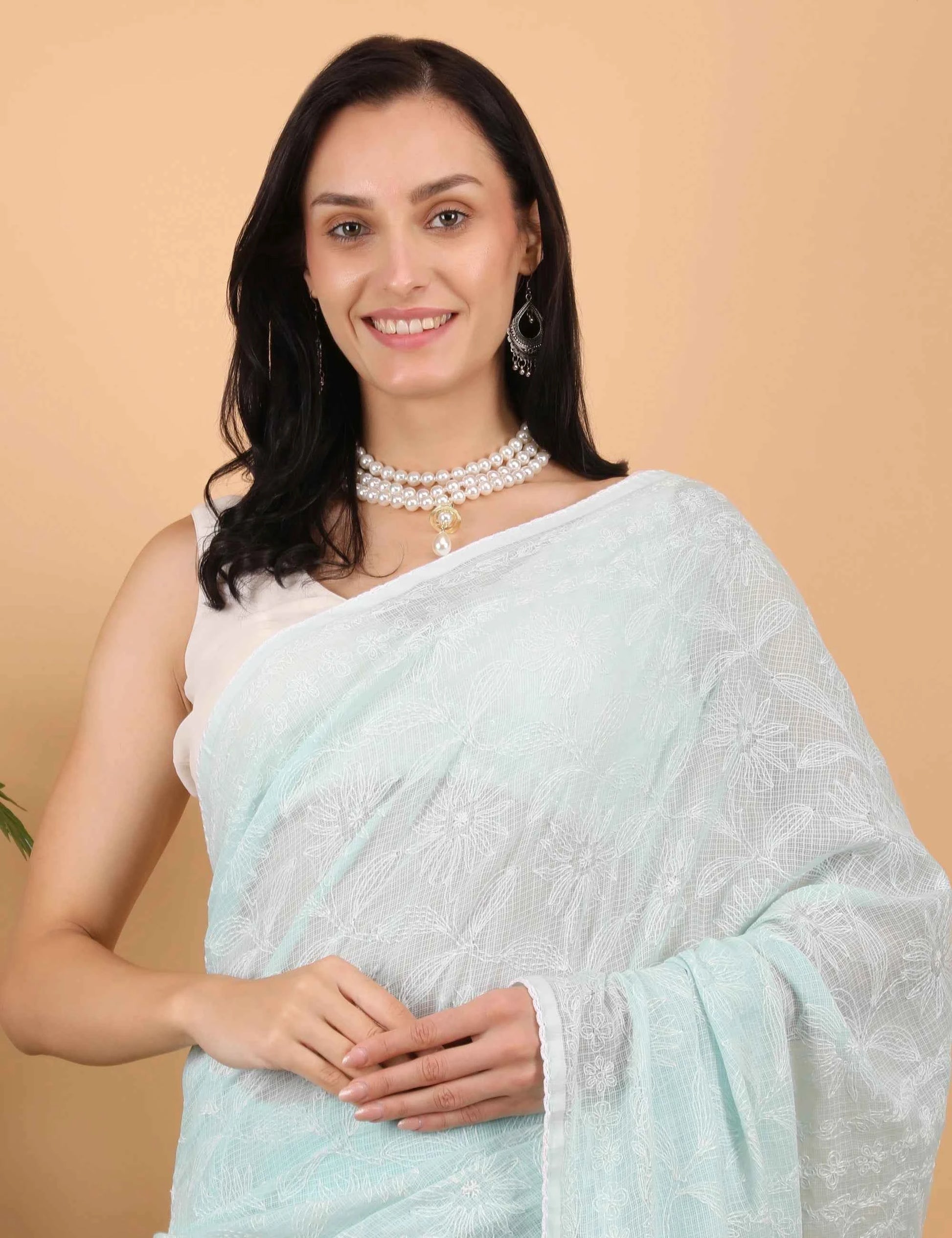 Women Hand Embroidered Sea Blue Kota Cotton Chikankari Saree