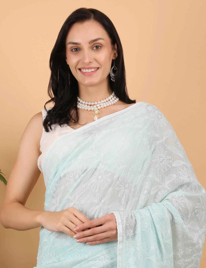 Women Hand Embroidered Sea Blue Kota Cotton Chikankari Saree