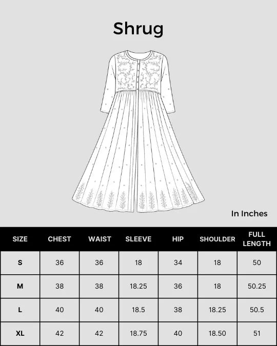 Size chart for Shwet Women Hand Embroidered Chikankari White Shrug