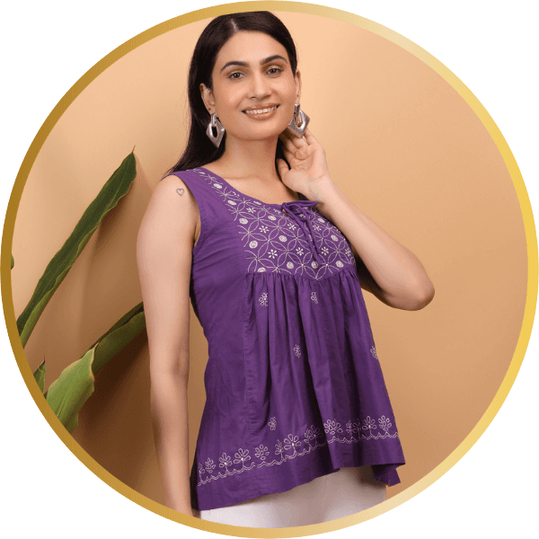 Puple hand embroidered Lucknow Chikankari Yoke Top|SHWET