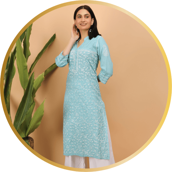 bLUE & White  Hand Embroidered Lucknow Chikakari Kurti | SHWET