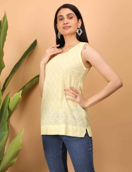 Shwet Women Yellow Chikankari Sleeveless Top