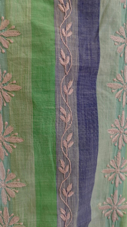 Striped fabric with chikankari patterns in green, blue, and pink.