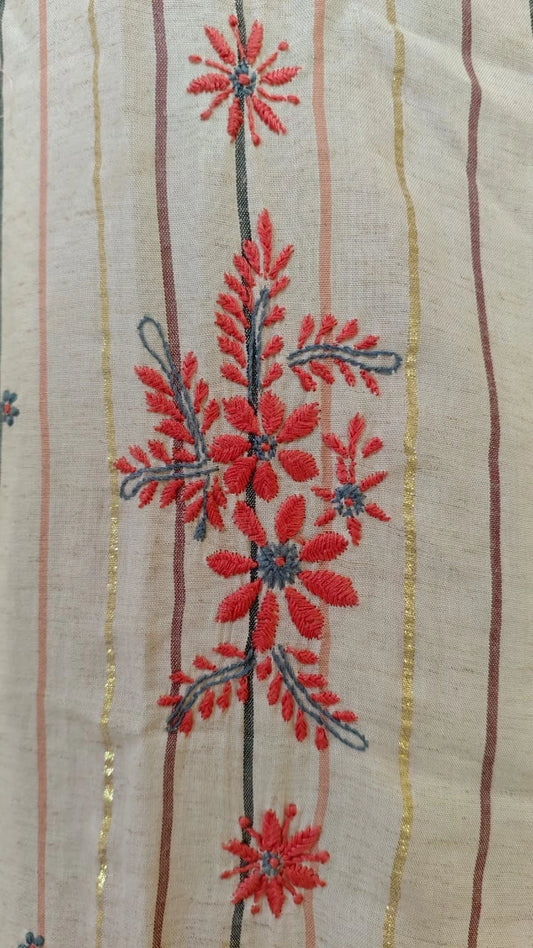 Hand Embroidered Chikankari  red flowers on a striped fabric background