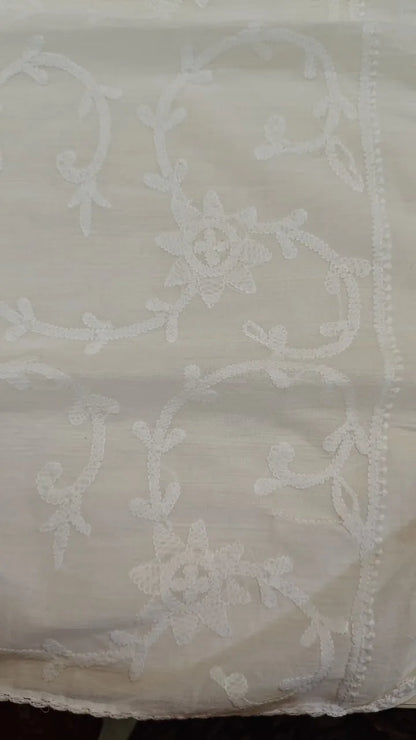 White   fabric with intricate patterns on a plain background