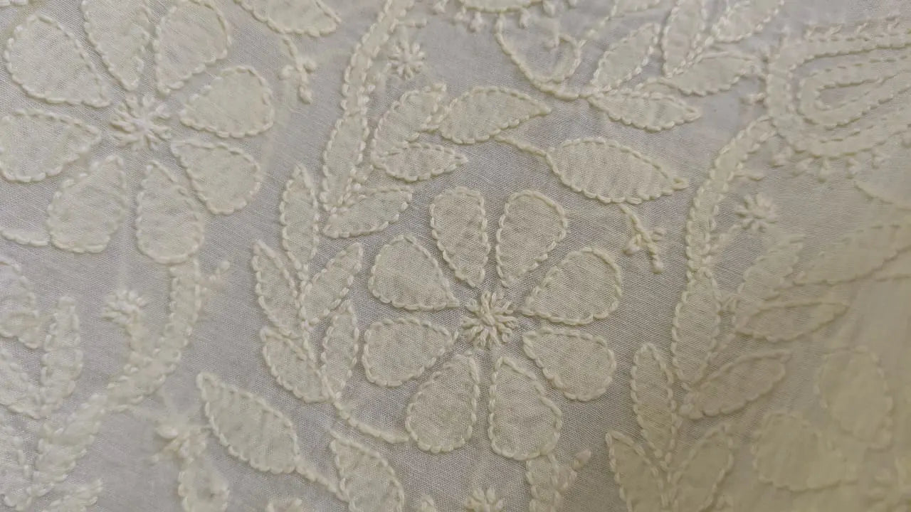 Close-up of Bakhiya chikankari embroidery  on  fabric with a light color on a white background