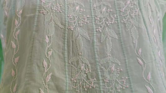 Chikankari Embroidered fabric with floral patterns on a green background