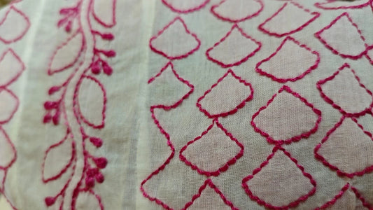 Close-up of fabric with pink  Hand embroidery on a white background