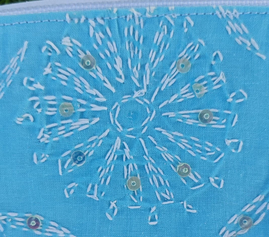 Close-up of a blue fabric with white Chikankari pattern
