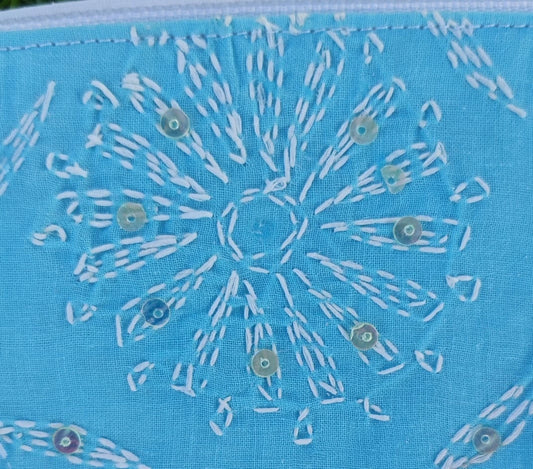 Close-up of a blue fabric with white Chikankari pattern