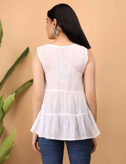 Shwet White Hand Embroidered Chikankari Tier top
