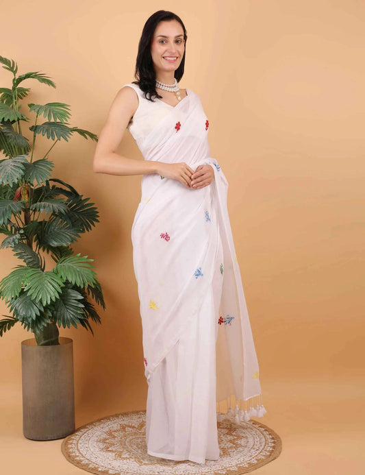 Shwet Women White  Hand Embroidered Chikankari  Mulmul Saree