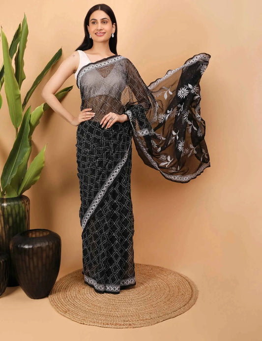 Shwet Black Georgette Chikankari Saree