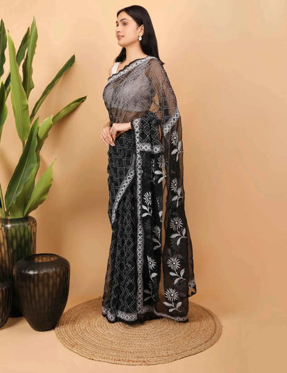 Shwet Black Georgette Chikankari Saree