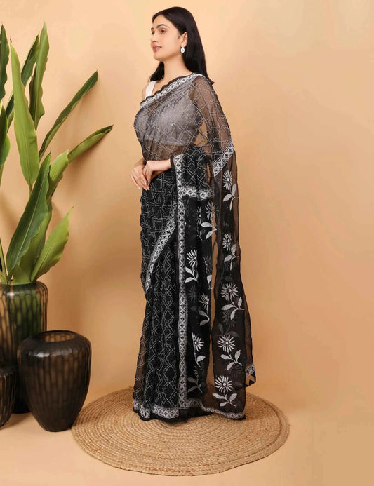 Shwet Black Georgette Chikankari Saree