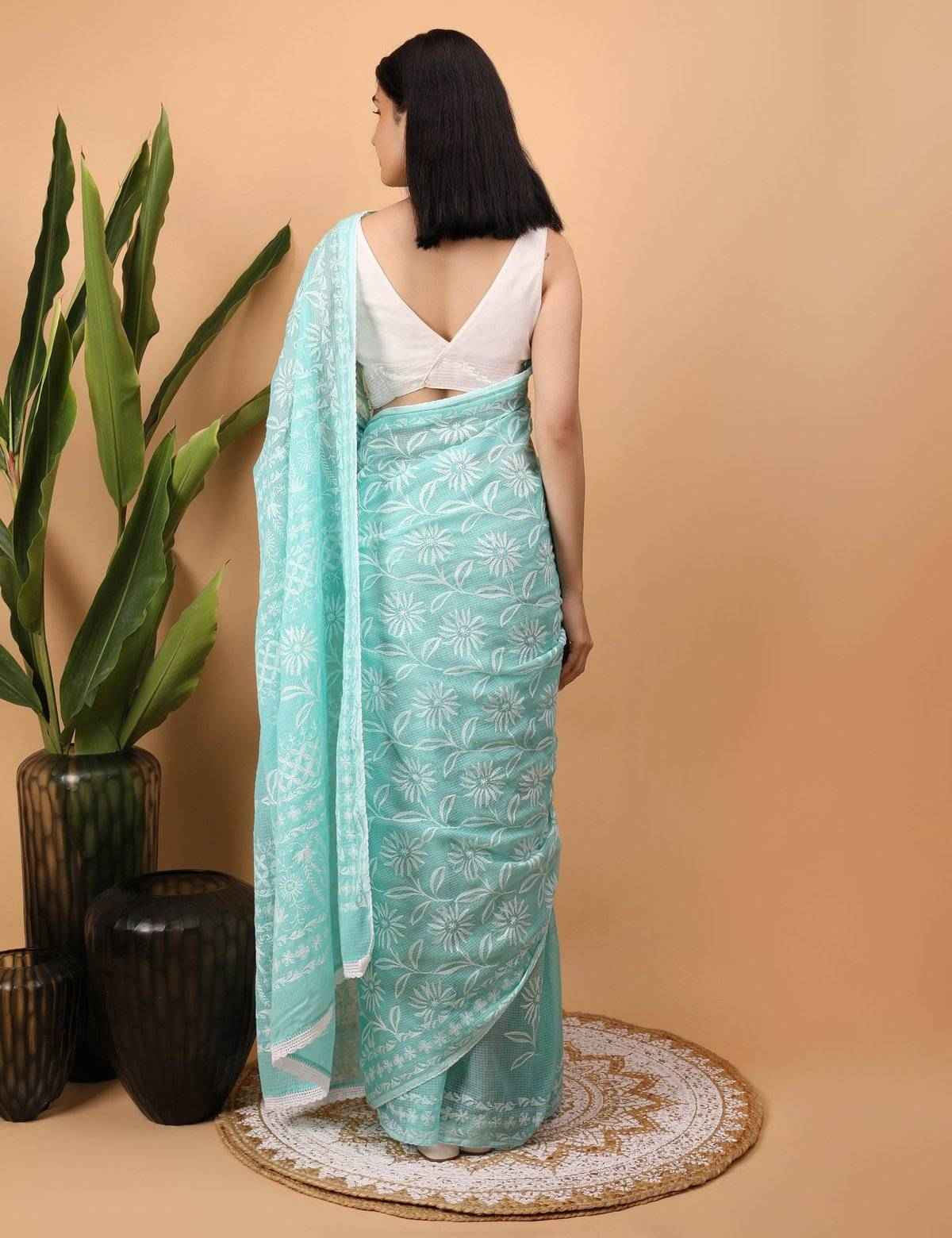 Shwet Cyan Blue Kota Cotton Chikankari Saree