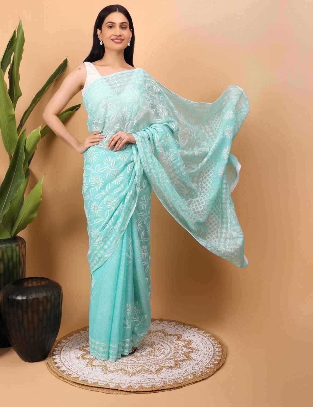 Shwet Cyan Blue Kota Cotton Chikankari Saree